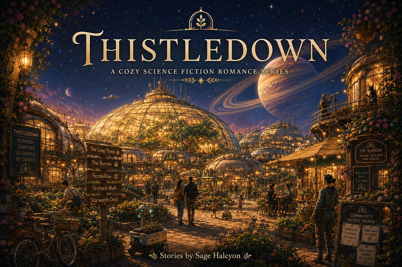 Thistledown series art showing cozy greenhouse domes beneath stars and a ringed planet